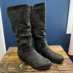 Rieker tall slouchy charcoal grey winter boots with western style